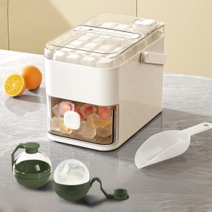 Compact Double Layer Ice Cube Tray with Lid and Bin,Includes 2 Large Ice Ball Molds (White)