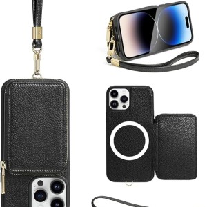 Leather Wallet Case for iPhone 14 Pro Max with Magnetic Wireless Charging