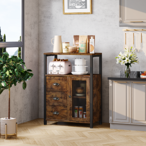 Vintage Wooden Storage Cabinet Organizer with 3 Drawers & 1 Door for Kitchen, Living Room, Bathroom, Office
