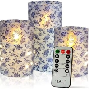 3-Pack Printed Flameless LED Pillar Candles with Remote & Star String Lights – Blue & White Porcelain Design – Classic Elegant Battery Operated Décor