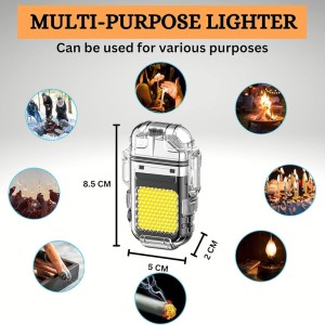 Transparent Electric Lighter Double Arc Multifunction USB Type-C Rechargeable Waterproof Windproof Dustproof with LED Light, Whistle and Lanyard, Camping, Outdoor Survival Tool