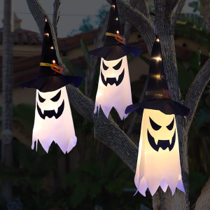 Hanging Lighted Glowing Ghost Witch Hat Halloween Decorations