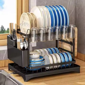 2-Tier Dish Drying Rack with Drainboard – Large Stainless Steel Dish Drainer for Kitchen Counter, Cups, Knives & Cutting Boards